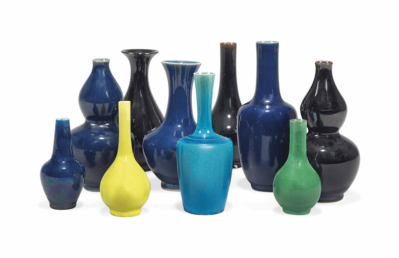 A GROUP OF TEN CHINESE MONOCHROME-GLAZED VASES 
19TH/20TH CENTURY 
Of varying form and colour 
The