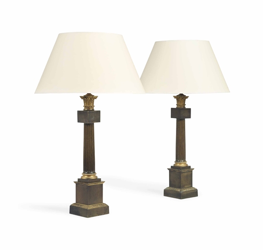 A PAIR OF EMPIRE STYLE GILT-BRASS AND BRONZED COLUMNAR LAMPS 
EARLY 20TH CENTURY 
Fitted for