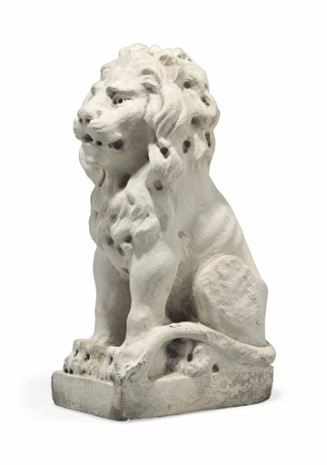 AN ENGLISH WHITE-PAINTED STONE MODEL OF A SEATED LION 
19TH CENTURY, IN THE MANNER OF ALFRED STEVENS