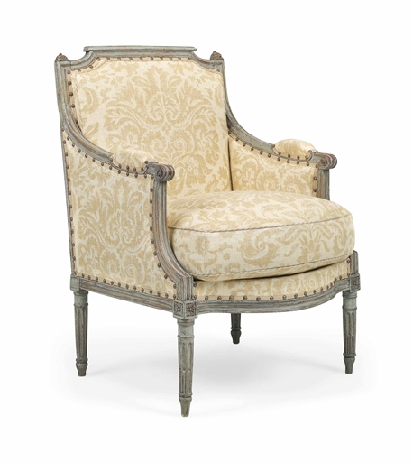 A LOUIS XVI GREY-PAINTED BERGERE 
CIRCA 1775 
Covered in cream coloured linen damask, with remains