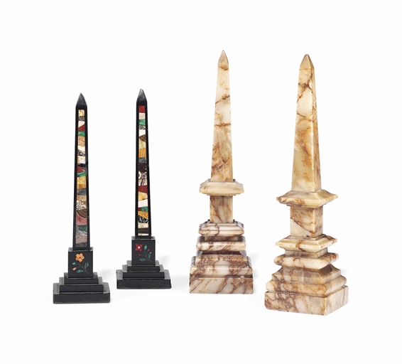 A PAIR OF ITALIAN ONYX OBELISKS 
19TH CENTURY 
Together with a pair of Derbyshire black and specimen