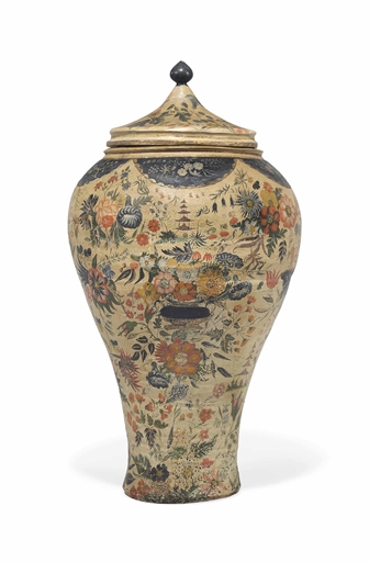 A NORTH ITALIAN POLYCHROME-PAINTED TERRACOTTA BALUSTER VASE AND COVER 
19TH CENTURY 
Painted overall