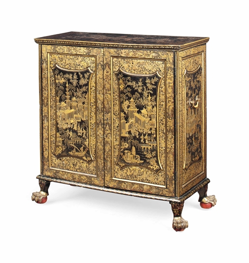 A CHINESE EXPORT BLACK AND GILT LACQUER CABINET 
CIRCA 1820-40 
With two panelled doors enclosing