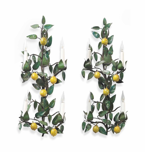 A PAIR OF FRENCH TOLE-PEINTE WALL-LIGHTS 
MID-20TH CENTURY 
Modelled as lemon trees, the