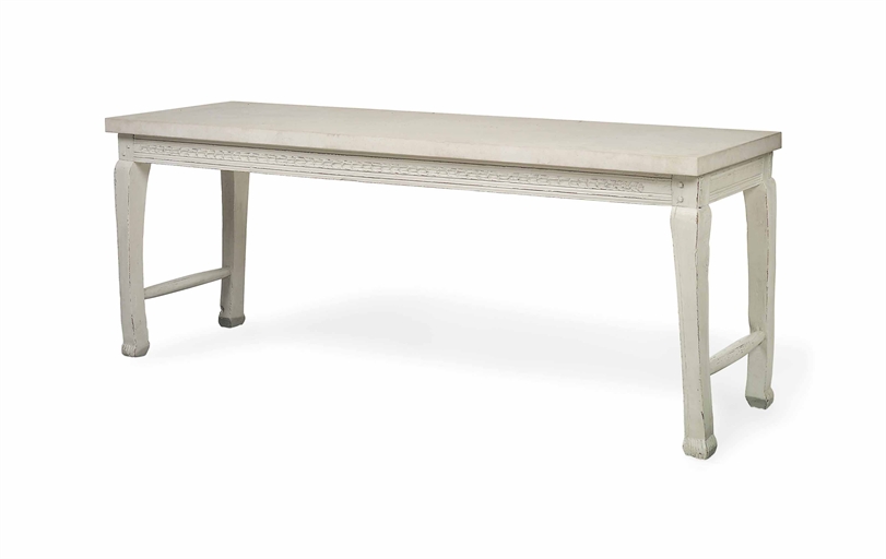 A WHITE-PAINTED STONE-TOPPED SIDE TABLE 
20TH CENTURY 
The rectangular polished stone top on