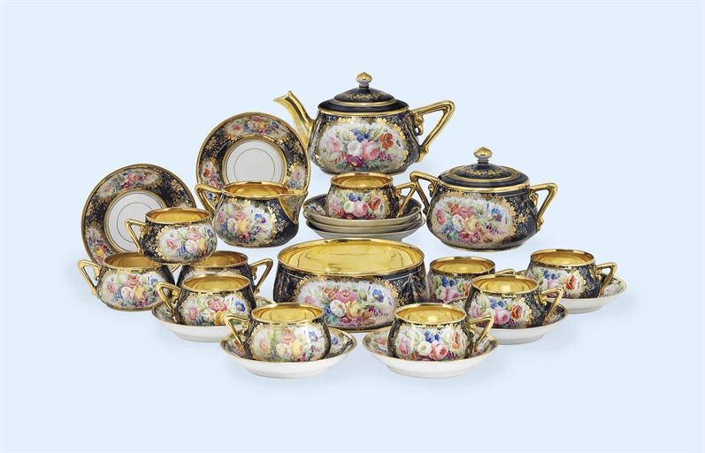 A RUSSIAN PORCELAIN BLUE-GROUND TEA-SERVICE 
BY THE KORNILOV FACTORY, CIRCA 1870, BLUE PRINTED MARK