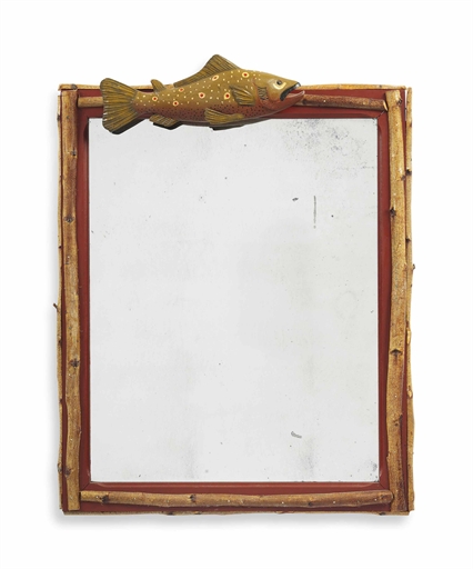AN AMERICAN RED-PAINTED AND BAMBOO 'FOLK ART' MIRROR 
20TH CENTURY 
With applied painted-wood