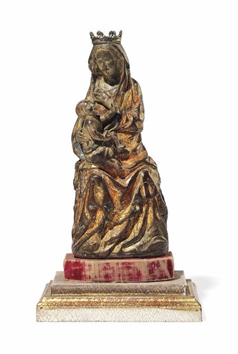 A FLEMISH CARVED GILTWOOD AND POLYCHROME FIGURE OF THE MADONNA AND CHILD
16TH CENTURY 
Under a glass