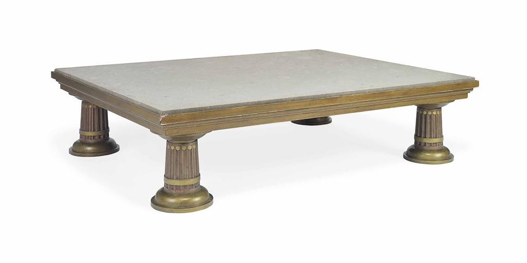 AN ART-DECO-STYLE BRONZED-METAL STONE-TOPPED LOW TABLE 
LATE 20TH CENTURY 
Of rectangular form on