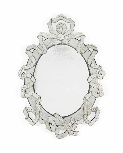 A VENETIAN ETCHED-GLASS OVAL MIRROR 
CIRCA 1900 AND EMBELLISHED IN THE FIRST HALF OF THE 20TH