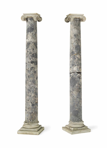 A PAIR OF ITALIAN RIOLETTE MARBLE COLUMNS 
LATE 18TH/EARLY 19TH CENTURY 
One with restorations,