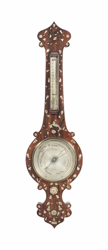 A VICTORIAN MOTHER-OF-PEARL INLAID ROSEWOOD WHEEL BAROMETER 
A. MASPER, BOLTON, CIRCA 1860 
Inlaid