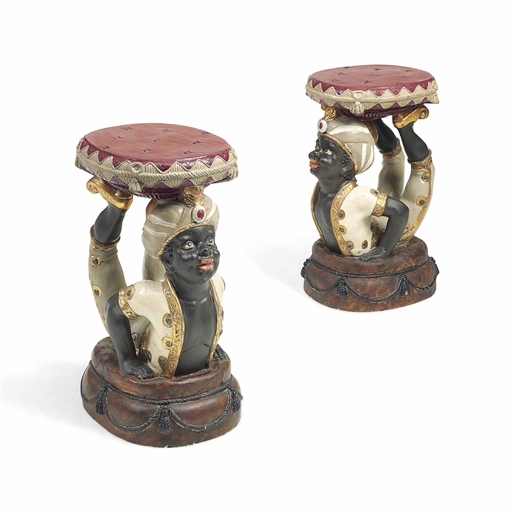 A PAIR OF VENETIAN POLYCHROME-PAINTED BLACKAMOOR STANDS 
EARLY 20TH CENTURY 
Of oval form, re-