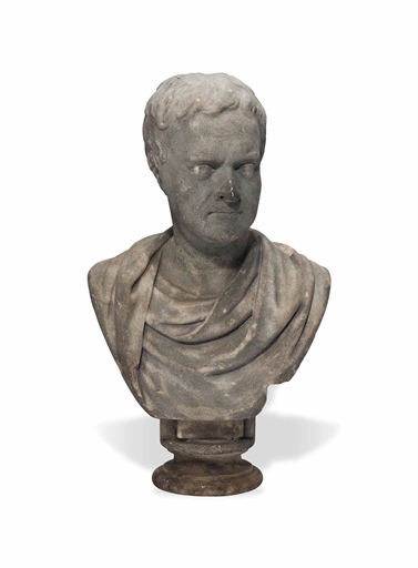 AN ENGLISH MARBLE BUST OF ISSAC NEWTON 
EARLY 19TH CENTURY 
On an integral waisted socle 
22½ in. (