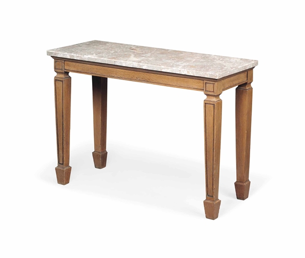A LIMED OAK CONSOLE TABLE 
LATE 20TH CENTURY 
The rectangular Sarrancolin marble top above a plain