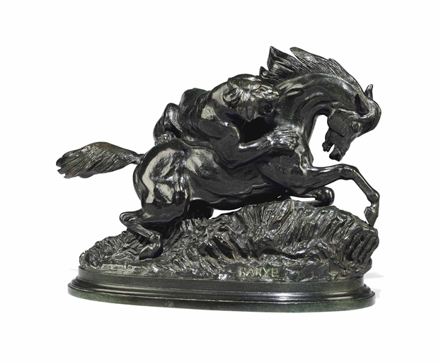 A FRENCH BRONZE GROUP ENTITLED 'CHEVAL ATTAQUE PAR UN TIGRE' 
PROBABLY CAST BY SUSSE FRERES FROM THE