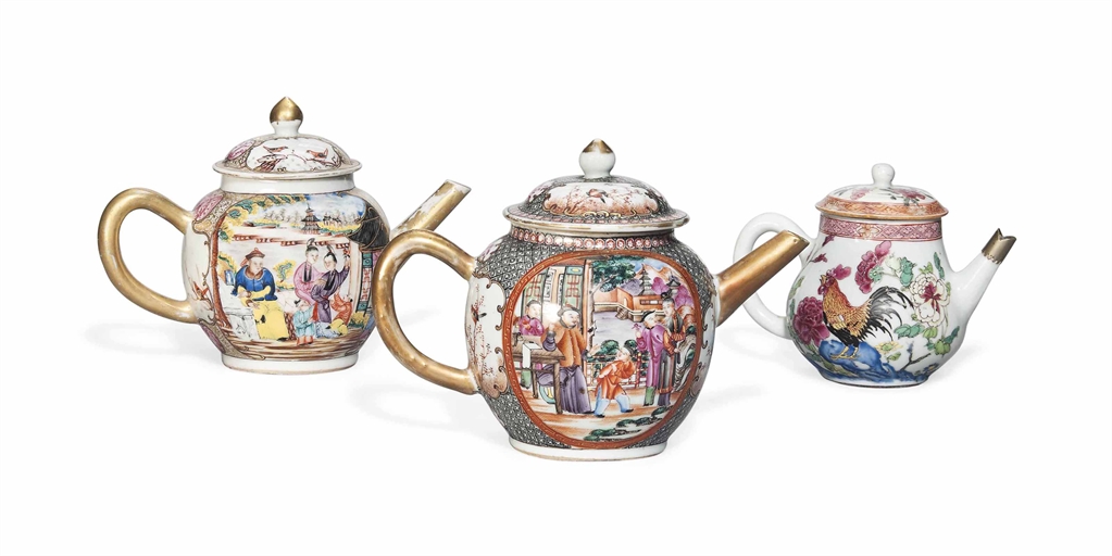 THREE CHINESE FAMILLE ROSE TEAPOTS AND COVERS 
QIANLONG PERIOD (1736-1795) 
Comprising two '