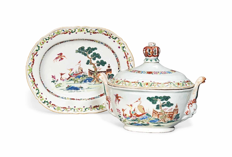 A CHINESE FAMILLE ROSE MEISSEN-STYLE OVAL TUREEN, COVER AND STAND 
QIANLONG PERIOD, CIRCA 1745 
With