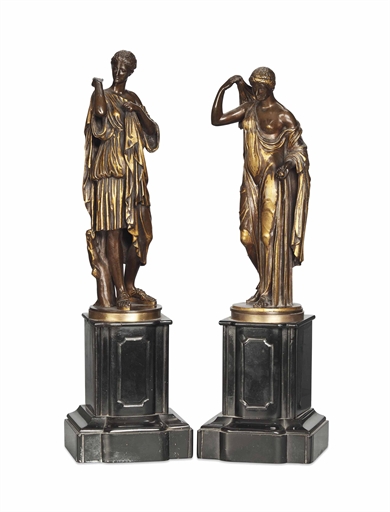 A PAIR OF FRENCH PATINATED BRONZE CLASSICAL FIGURES 
LATE 19TH CENTURY 
One modelled as Diana de