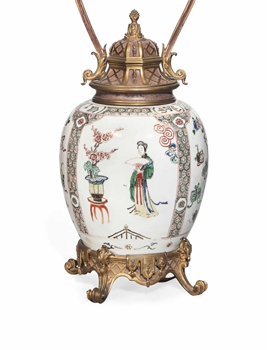 A CHINESE FAMILLE VERTE OVOID JAR WITH LATER ORMOLU MOUNTS 
THE PORCELAIN, KANGXI PERIOD (1662-1722)