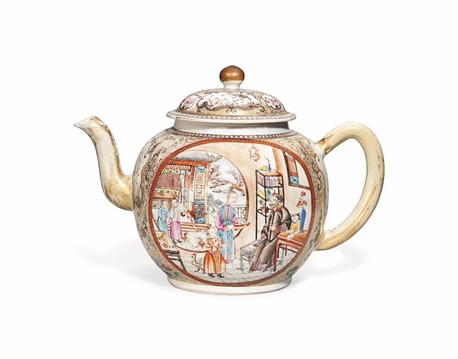 A CHINESE FAMILLE ROSE 'MANDARIN-PATTERN' PUNCH-POT AND COVER 
QIANLONG PERIOD (1736-1795) 
The