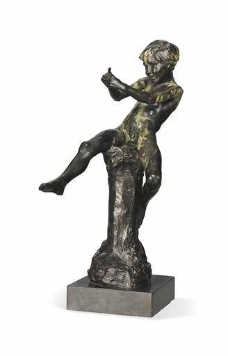 A PATINATED BRONZE FIGURE OF A YOUNG BOY 
PROBABLY ENGLISH, EARLY 20TH CENTURY 
Modelled perched