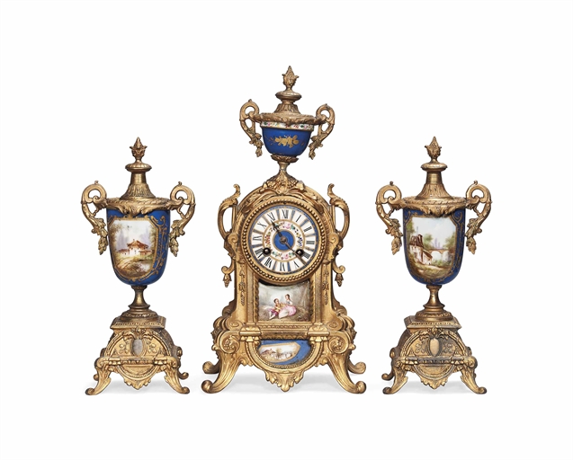 A FRENCH GILT-SPELTER MOUNTED SEVRES-STYLE PORCELAIN CLOCK GARNITURE 
LATE 19TH EARLY 20TH