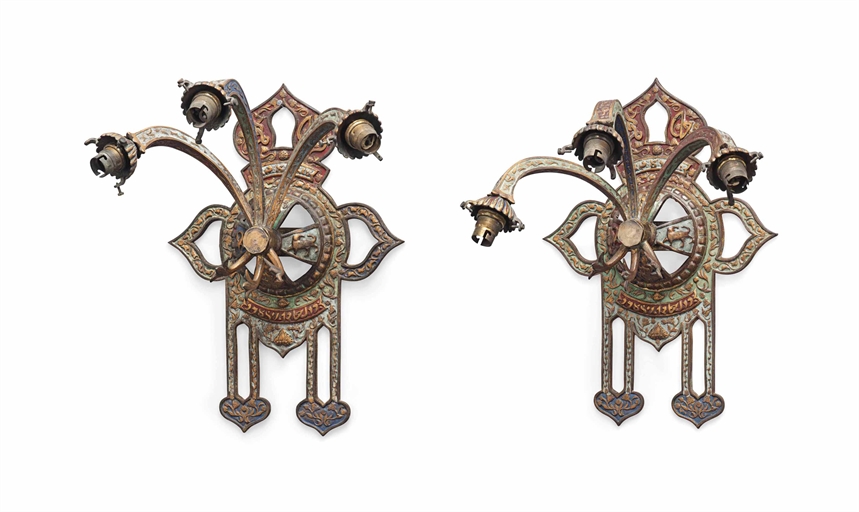 A PAIR OF POLYCHROMED BRASS THREE-LIGHT WALL-APPLIQUES 
CIRCA 1930, IN THE ISLAMIC TASTE 
Each