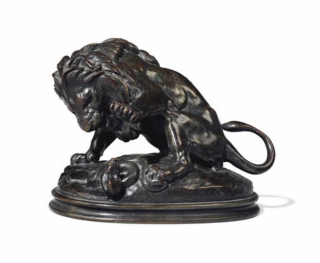 A FRENCH BRONZE GROUP ENTITLED 'LION AU SERPENT NO.3' 
CAST BY DELAFONTAINE, FROM THE MODEL BY