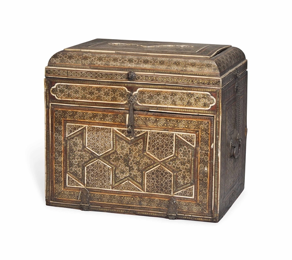 A QAJAR MICRO-MOSAIC (KHATAMKARI) AND BONE VENEERED CABINET 
IRAN, LATE 19TH CENTURY 
The drop-front