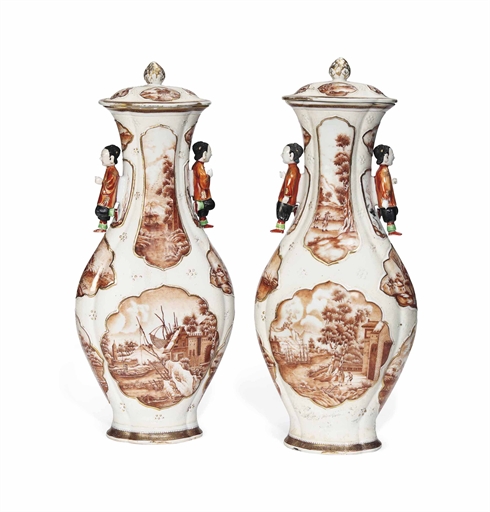 A PAIR OF RARE LARGE CHINESE 'EUROPEAN-SUBJECT' BALUSTER VASES AND COVERS
QIANLONG PERIOD (1736-