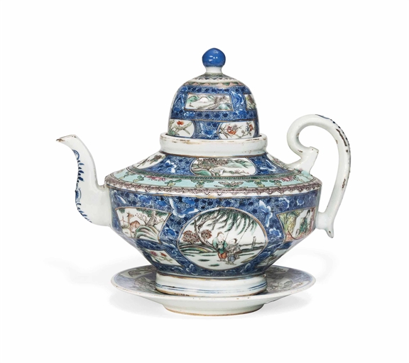 AN UNUSUAL LARGE CHINESE FAMILLE ROSE TEAPOT, COVER AND STAND 
19TH CENTURY 
Of squat faceted form