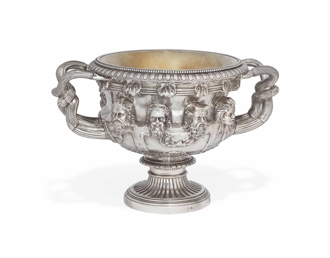 A SILVERED BRONZE COPY OF THE WARWICK VASE 
SECOND HALF OF 19TH CENTURY 
Gilt interior 
11¼ in. (