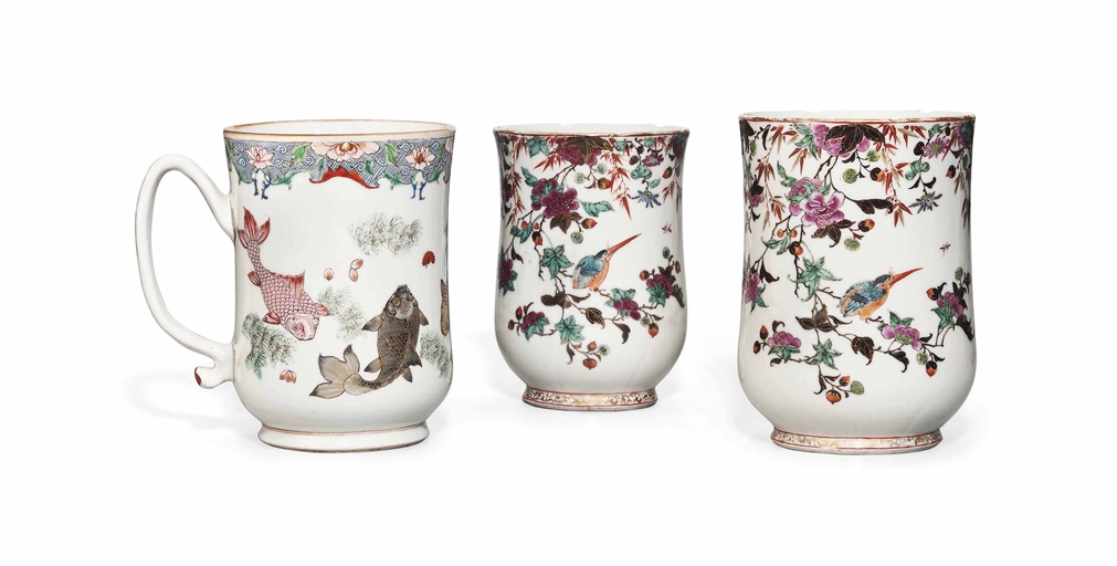 THREE LARGE CHINESE FAMILLE ROSE BELL-SHAPED TANKARDS 
EARLY QIANLONG PERIOD (1736-1795) 
Comprising