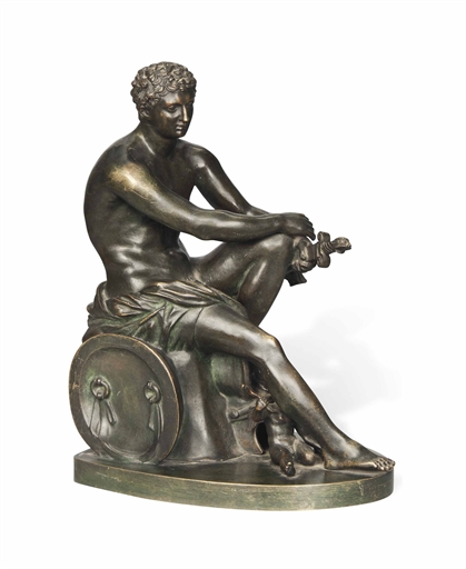 AN ITALIAN BRONZE MODEL OF THE SEATED MERCURY 
LATE 19TH CENTURY 
After the Antique, on an