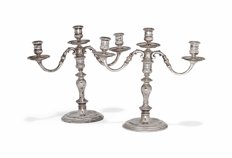 A PAIR OF MODERN SILVER THREE-LIGHT CANDELABRA IN GEORGE I STYLE 
MARK OF S. J. PHILLIPS, LONDON,
