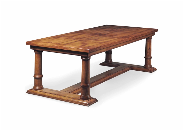 AN OAK REFECTORY TABLE 
LATE 20TH CENTURY 
With a panelled top and turned legs, on a moulded