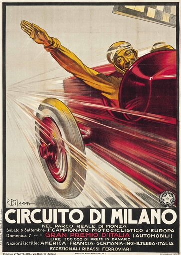 Romano di Massa (1889-1985) 
CIRCUITO DI MILANO 
lithograph in colours, 1924, printed by Flli. Sella