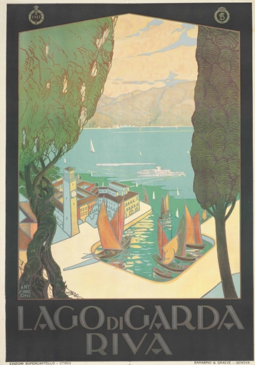 Antonio Simeoni 
LAGO DI GARDA, RIVA 
lithograph in colours, c.1926, printed by Barabino & Graeve,