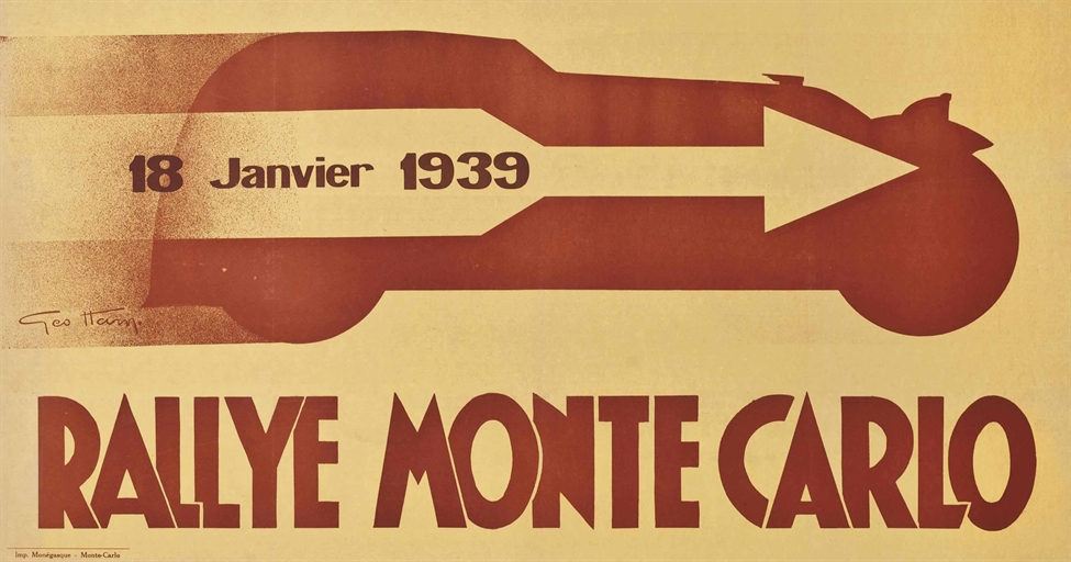 Geo Ham (Georges Hamel, 1900-1972) 
RALLYE MONTE CARLO 
lithograph in colours, 1939, printed by