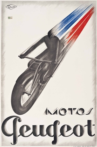 Dam Studios (Lajos Morton, 1891-1952) 
MOTOS PEUGEOT 
lithograph in colours, 1928, printed by L.