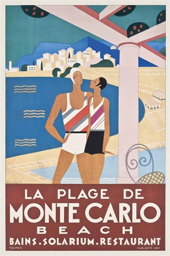 Michel Bouchaud 
LA PLAGE DE MONTE CARLO 
lithograph in colours, 1929, printed by Tolmer,