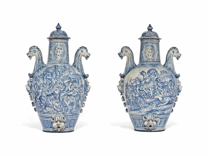 A PAIR OF ITALIAN MAIOLICA TWO-HANDLED CISTERNS AND COVERS 
19TH CENTURY, SAVONA, BLUE PAINTED