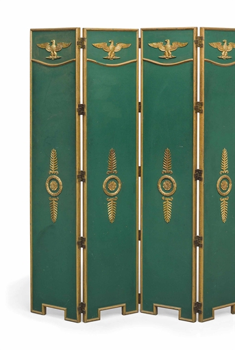 AN EMPIRE-STYLE GREEN-PAINTED AND PARCEL-GILT FOUR-FOLD SCREEN 
LATE 20TH CENTURY 
Each leaf: 64 in.