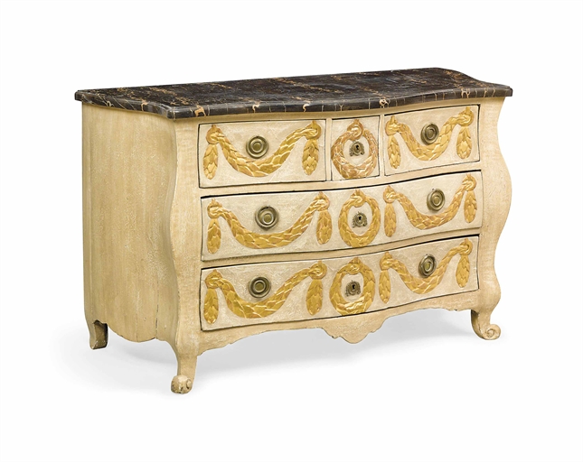 A SWEDISH PARCEL-GILT AND CREAM-PAINTED BOMBE COMMODE
LATE 18TH CENTURY 
The later serpentine top