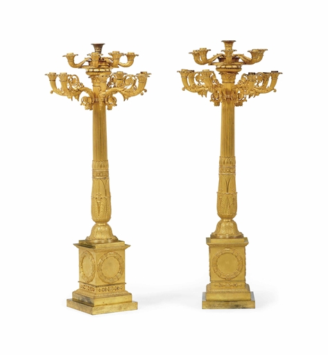 A PAIR OF RESTAURATION ORMOLU THIRTEEN-LIGHT CANDELABRA 
BY PIERRE-PHILIPPE THOMIRE, CIRCA 1820-