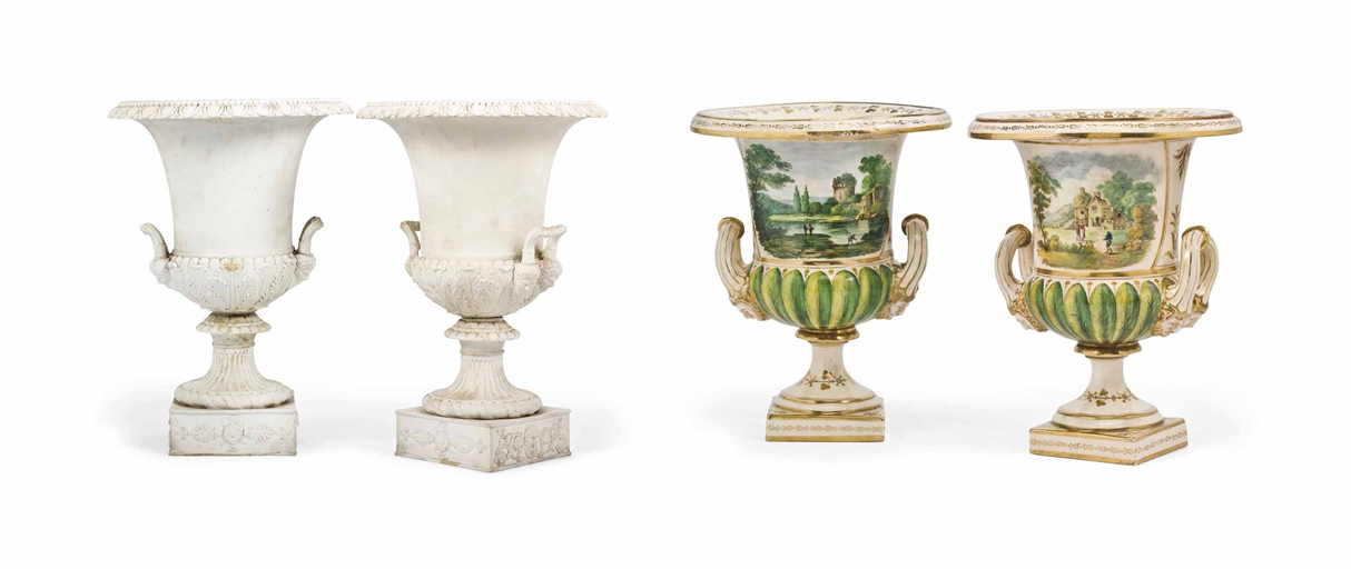 A PAIR OF DERBY-STYLE PORCELAIN URN-SHAPED VASES 
20TH CENTURY 
Painted with landscape; together