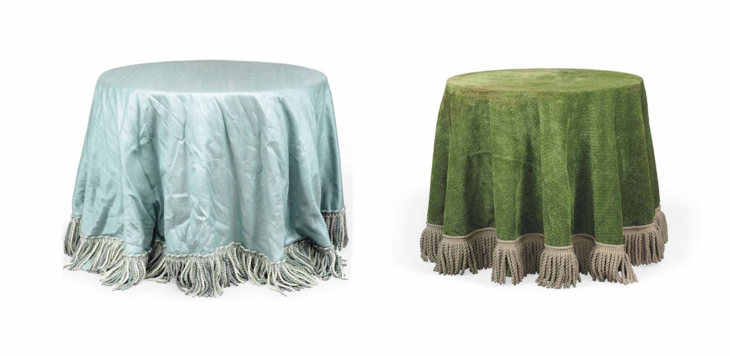 FOUR CIRCULAR TABLECLOTHS EDGED WITH HEAVY BULLION-FRINGING 
MODERN 
One in cut-velvet the remaining