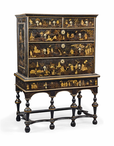 A QUEEN ANNE BLACK AND GILT-JAPANNED CHEST-ON-STAND 
EARLY 18TH CENTURY 
The projecting cornice