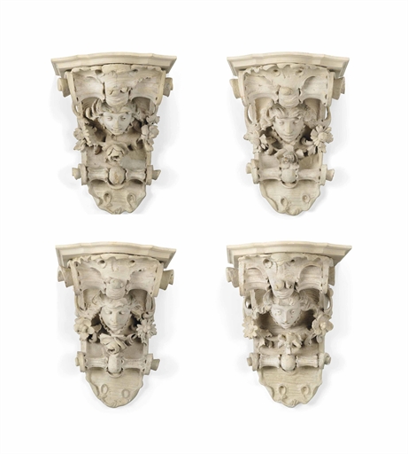 A SET OF FOUR FRENCH CREAM-PAINTED WALL BRACKETS 
19TH CENTURY 
Each with moulded top above a